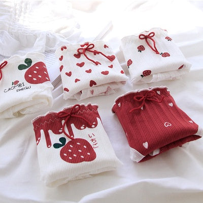 5 Pack Underwear Women Pure Cotton Girl Japanese Cartoon Cute Thread Cotton Small Waist Strawberry Love Bow