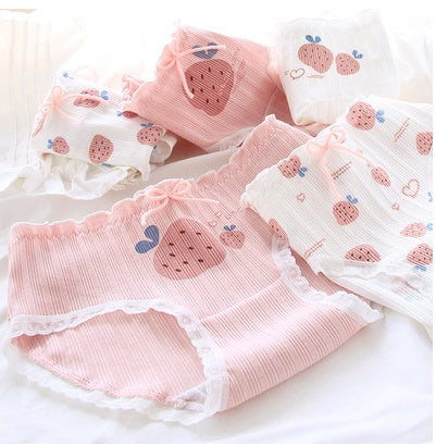 5 Pack Underwear Women Pure Cotton Girl Japanese Cartoon Cute Thread Cotton Small Waist Strawberry Love Bow