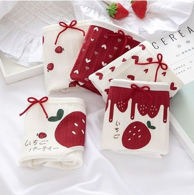 5 Pack Underwear Women Pure Cotton Girl Japanese Cartoon Cute Thread Cotton Small Waist Strawberry Love Bow