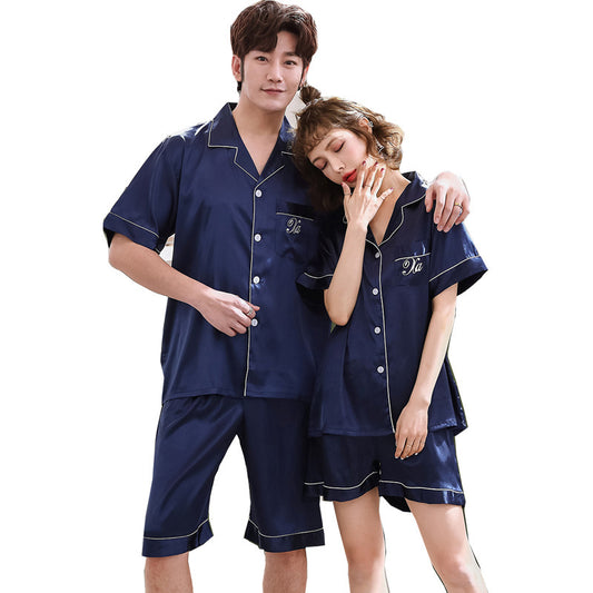 Ice Silk Couple Pajamas Short-sleeved Men And Women V-neck Cardigan Simulation Silk Home Service