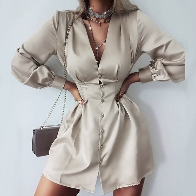 Sexy Deep V Neck Women Shirt Dress