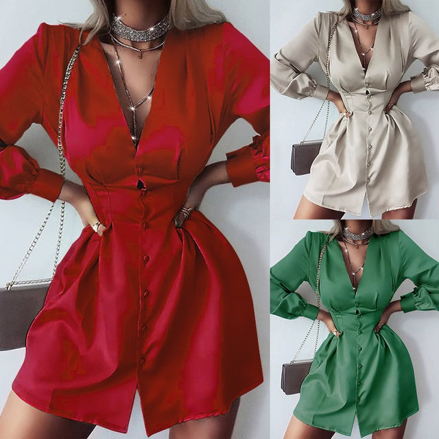 Sexy Deep V Neck Women Shirt Dress